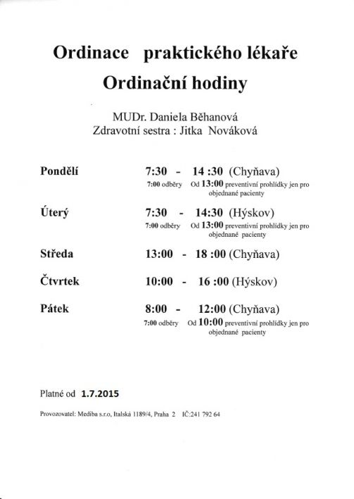 Ordinační hodiny - praktický lékař